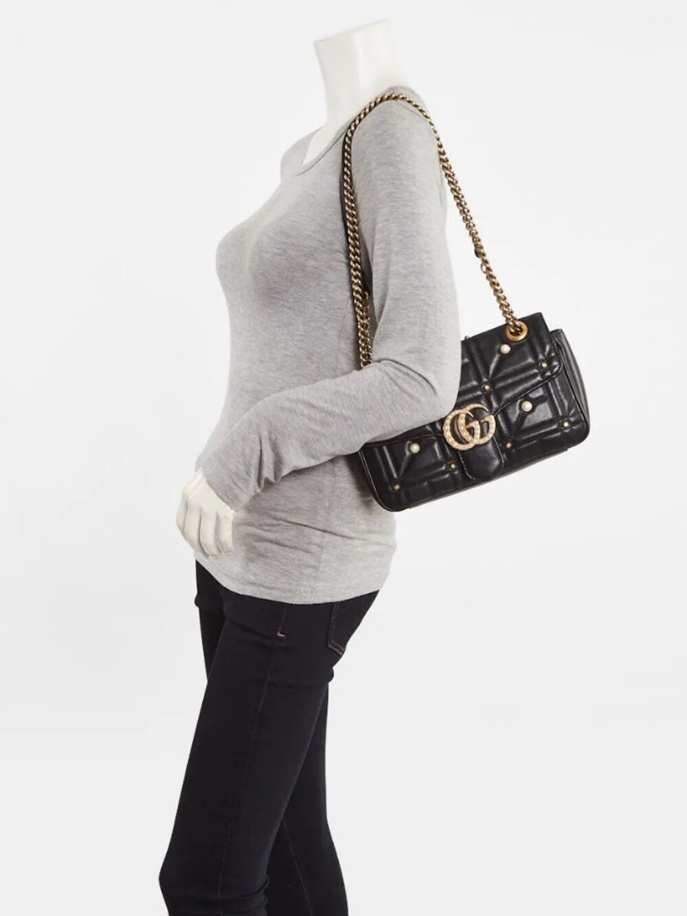 Gucci Black Leather 2.0 Imitation Pearl Marmont Metalasse Small Shoulder Bag